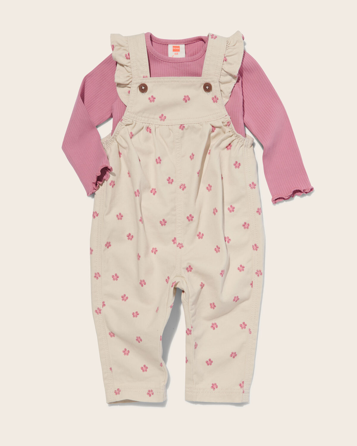 baby jumpsuit bloemetjes en shirt roze - 200185 - HEMA